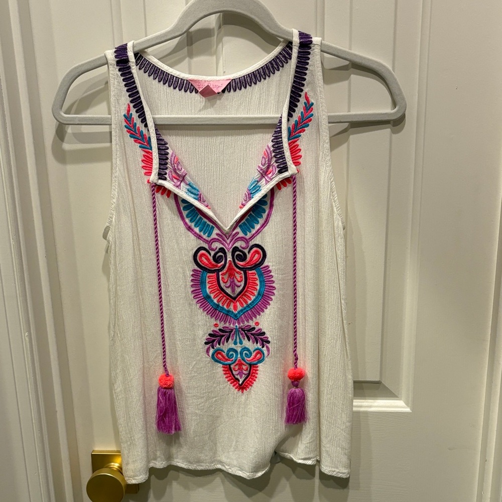 Lilly Pulitzer White Tank Top with Colorful Embroidery